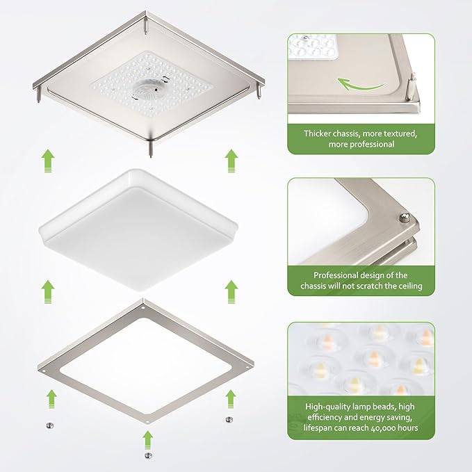 Square Ceiling Light Fixture - 36W 3000K/3500K/4000K/5000K/6000K Adjustable Flush Mount Led Light for Bathroom Bedroom Kitchen Hallway (8 Pack Brushed Nickel (5CCT), 12 Inch)