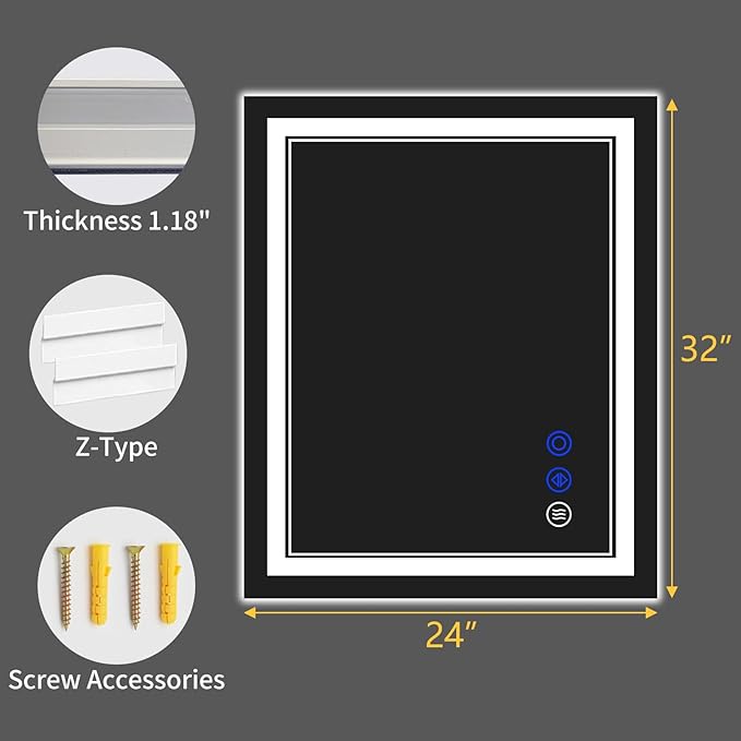 32"x24" LED Bathroom Mirror with Anti-Fog, Stepless Dimmable Lights, 3 Color Modes, Shatter-Proof Tempered Glass,Waterproof Design