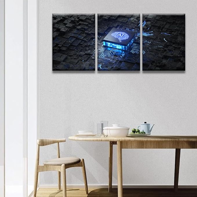 LSIUHWUWI Wall Art for Living Room Printed AI Artificial Intelligence Concept Pictures Print on Canvas, 3 Piece Modern Canvas Wall Decoration Artwork Giclee Framed Ready to Hang, 12x16inchx3