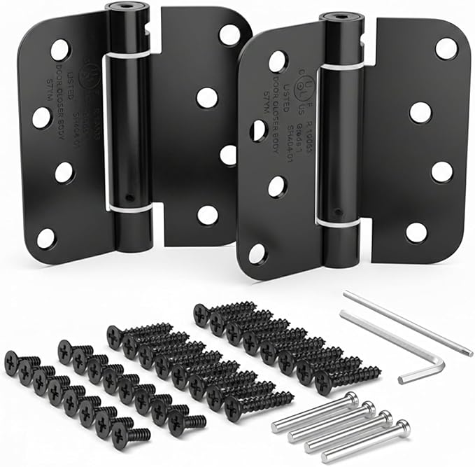 Houseables Self Closing Door Hinges, Spring Hinge Door Closer, Spring Loaded, Auto Close, 4 Inch, Automatic Closer, Auto Shut for Interior, Garage, Exterior, Adjustable Tension, 5/8 Radius, Black, 2PK