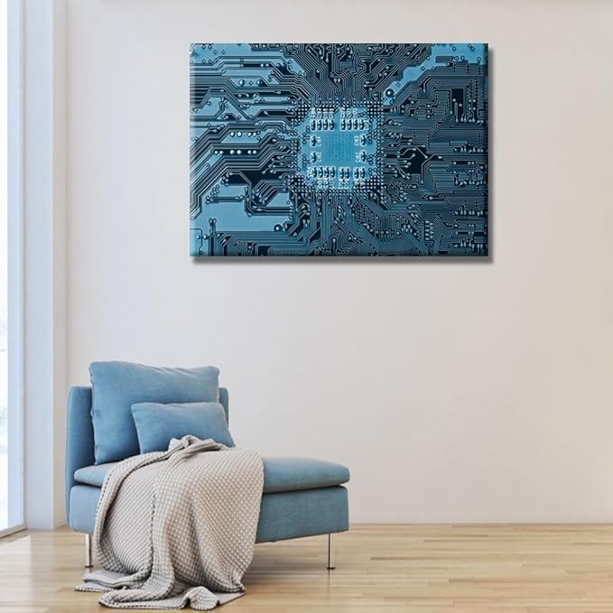 Technology Digital Wall Art CPU Concept Abstract Picture for Bedroom Blue Electronic Circuit Artwork Print On Canvas Electronic Board Bedroom Wall Art for Living Room Framed Ready to Hang 20X28 INCH