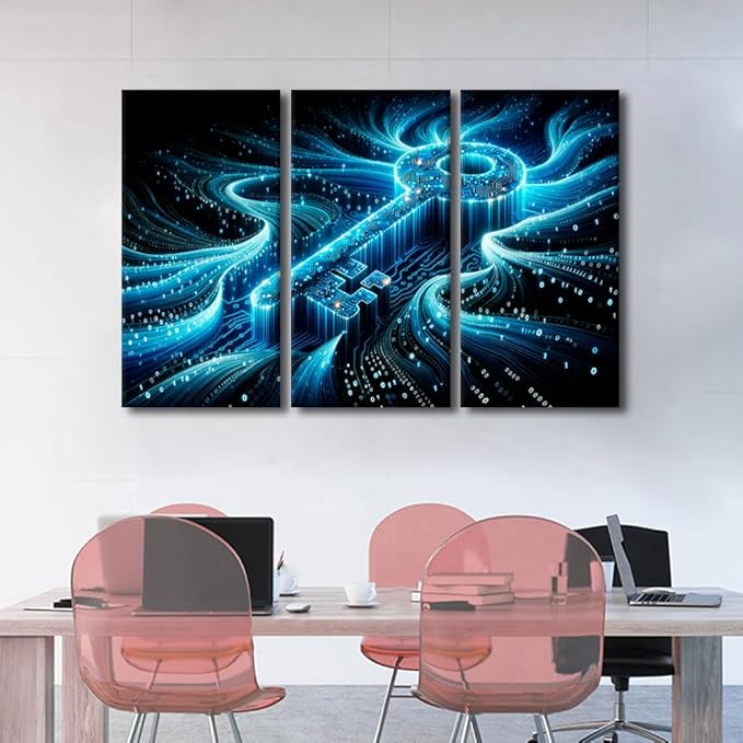 TUMOVO 3 Piece Canvas Wall Art Abstract Cyber Security Concept with Key and Binary Code Posters and Prints, Concepts Artwork for Living Room Wall Decoration, Ready to Hang, 60" Wx40 H