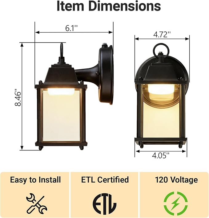 LIT-PaTH Small Outdoor LED Wall Lantern with Dusk to Dawn Photocell, 3000K Warm White, 9.5W, 800 Lumen, Aluminum Housing Plus Glass, Outdoor Rated, 1-Pack, Black