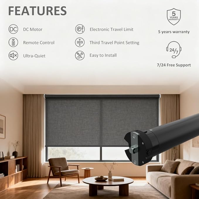 Motorized Roller Shade Motor 35mm, DC24V Electric Tubular Motor for Zebra Blinds, Smart Blinds Retrofit Kit with Remote, Quiet Brushless Copper Motor (6.0 N.m for Φ40mm (1.57") Groove Tube)