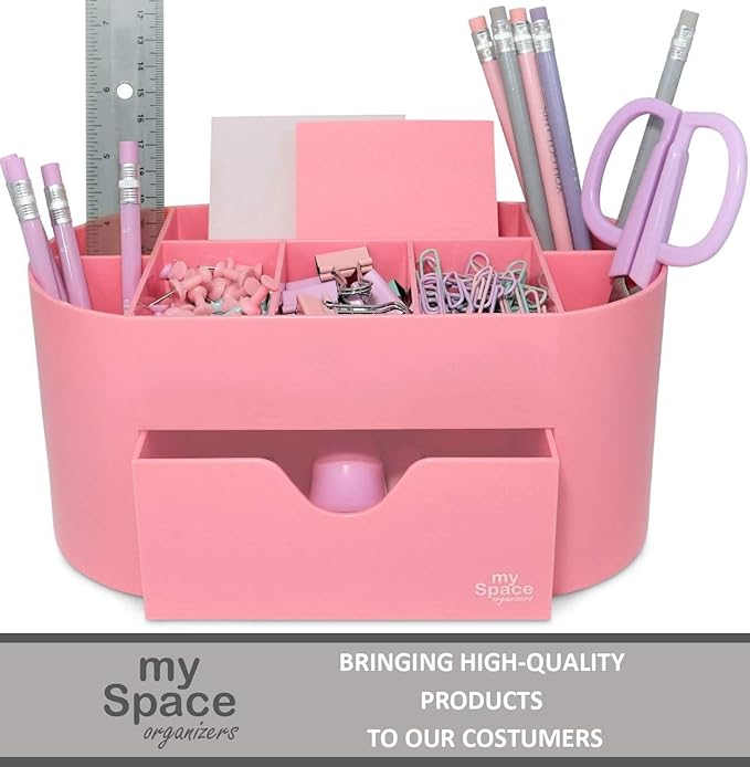 My Space Organizers Pink Desk Organizer for Office Supplies and Desk Accessories - Pen Holder Desktop Organization for Room College Dorm Home School (Pink)