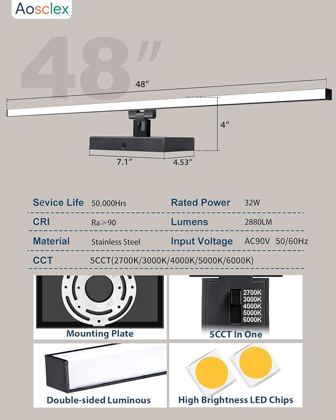 Aosclex 48 Inch Bathroom Lights Over Mirror, 180° Rotatable Angle, 32W 2880LM 5CCT Adjustable (2700K–6000K), Dimmable LED Light Fixture, IP44 Waterproof Black Modern Vanity Light, ETL Certificated