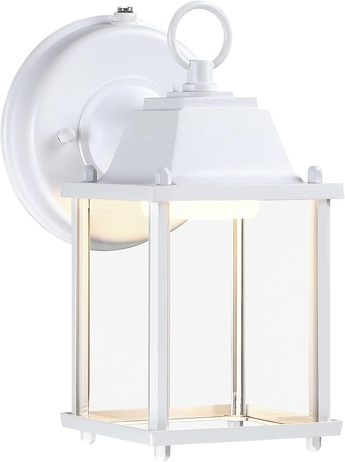 LIT-PaTH Small Outdoor LED Wall Lantern with Dusk to Dawn Photocell, 3000K Warm White, 9.5W, 800 Lumen, Aluminum Housing Plus Glass, Outdoor Rated, 1-Pack, White