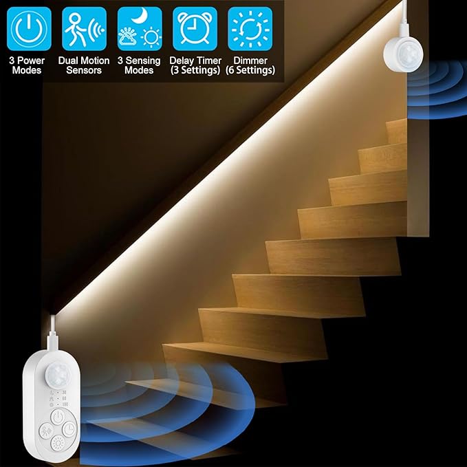 Dual Motion Sensor Light Indoor - Plug-in Motion Activated Step Stair LED Strip with Double Sensors, Dimmer and Timer for Stairway, Bedroom, Corridor (Warm White 3000K 16.4FT Light Strip)