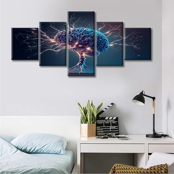 Human Brain with Neuronal Impulses Wall Art Painting Abstract Brain Bedroom Living Room Brain Framed Modern Pictures Canvas Prints Artwork for Wall Decor Office Decorations, (50"Wx24"H)