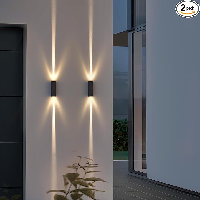 Outdoor Wall Light 2Pack, LED Up and Down Lights, IP65 Aluminum Waterproof Outdoor Wall Lamps, Modern Porch Lantern Spotlights, 3000k 6W Black Exterior Wall Sconces