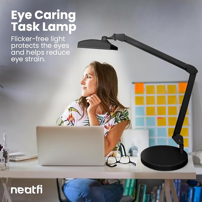 Neatfi 3,500 Lumens LED Desk Lamp – 45W Dimmable Task Light | 3 Light Modes | 540 SMD LEDs | Touch Control | 26-Inch Wide Metal Shade | Reading, Craft, Workbench & Office (CCT with Base, Black)