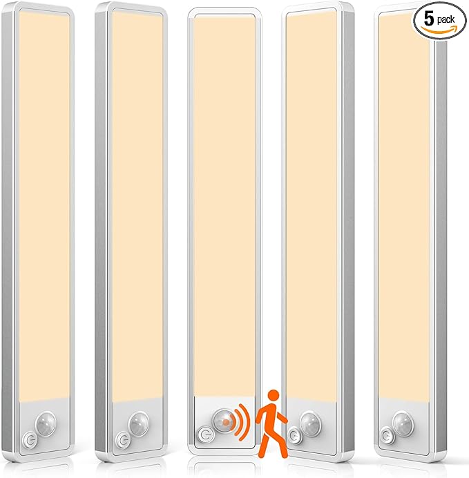 Under Cabinet Lighting Wireless LED Motion Sensor Magnetic Light 2500maAh Rechargeable Indoor Closet Lights for Kitchen, Stairs (5, Warm White, 14 Inch)