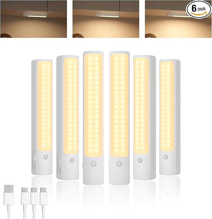 6 Pack Under Cabinet Lighting Warm, Motion Sensor Light Indoor, 2200mAh, Equipped with a 3-in-1 Charging Cable, Suitable for Stair Lighting, Easy Installation