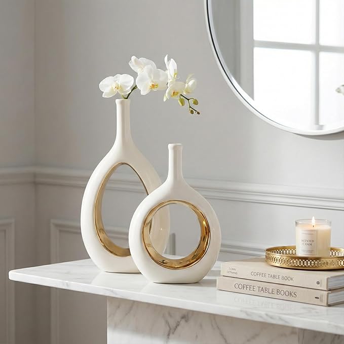 White and Gold Vase Ceramic White Vases Home Decor,Modern Minimalist Circle with Hole Decorative Vase, Hollow Ellipse Flower vases for Bookshelf, Fireplace Mantle, Centerpieces,Farmhouse,Rustic Décor