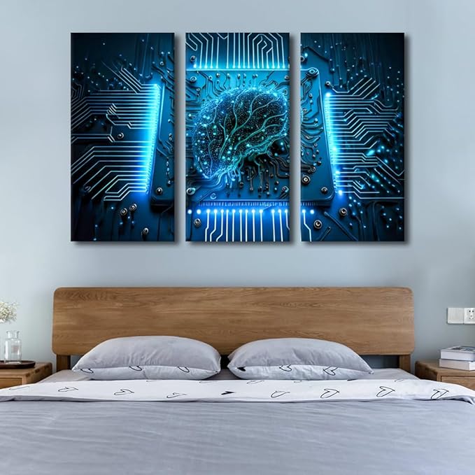 TUMOVO Wall Art for Living Room Artificial Intelligence Posters and Prints 3 Panel Computer Processor Canvas Print Kit for Home Wall Decoration, Modern Artwork Framed Ready to Hang, 60" Wx40 H