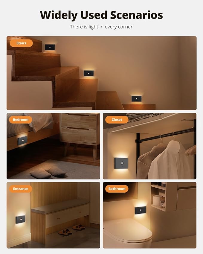 wowatt Rechargeable Motion Sensor Stair Light, Black Night Lights with Magnetic Mount, Dimmable Step Lights Indoor for Stairway, Hallway, Kitchen, Bathroom(8 Packs)