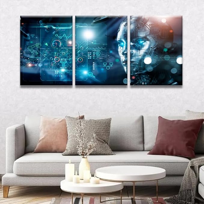 Framed Wall Art Modern Canvas Wall Art 3 Panels Machine Learning, Data Exchange, Industry 4.0 Posters Pictures Print on Canvas for Living Room Bedroom Wall Decoration, 12x16inchx3