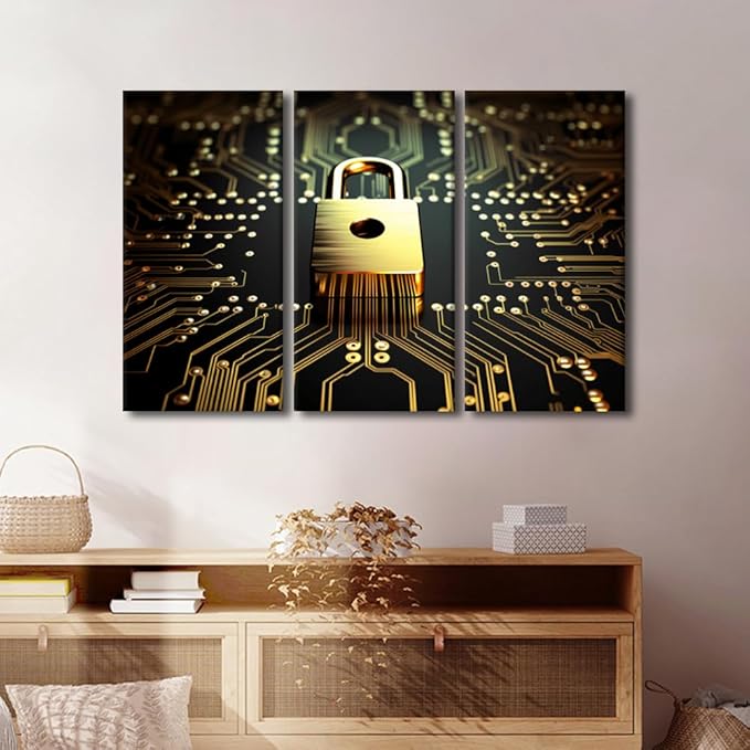 TUMOVO 3 Panel Large Wall Art Data Security Concept Poster Golden Padlock on Circuit Board Created with AI Picture for Home Office Wall Decorations, Stretched Framed Ready to Hang, 60" Wx40 H