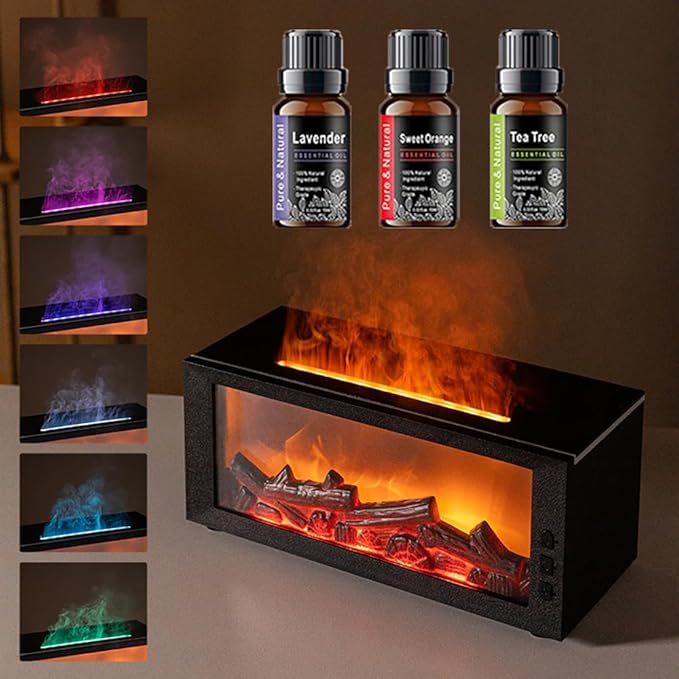 Flame Aroma Humidifier, 300ml Essential Oil Diffuser with Fire Effect Night Light & Remote Control, Ultrasonic Cool Mist Air Humidifier for Home, 7 Color LED, Auto Shut-Off, Gift Set Included