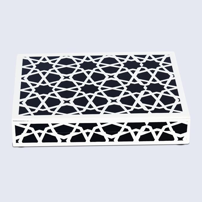 Handicrafts Home Decorative Storage Box with Lid, Black and White Moroccan Zellij Decorative Remote Control Box, Slim Coffee Table Storage Box for Shelf, Desk & Living Room Decor, Zellij 8 x 6 x 1.5