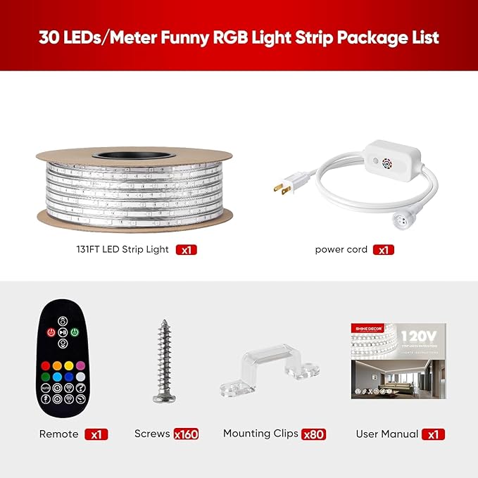 Shine Decor RGB LED Strip Light with Remote, Cold Resistant IP65 Waterproof Outdoor Colorful Strip Lighting 120V, Connectable Lite Multicolor Strip Lights 7x13mm, 131 FT 1200 LEDs ETL Listed