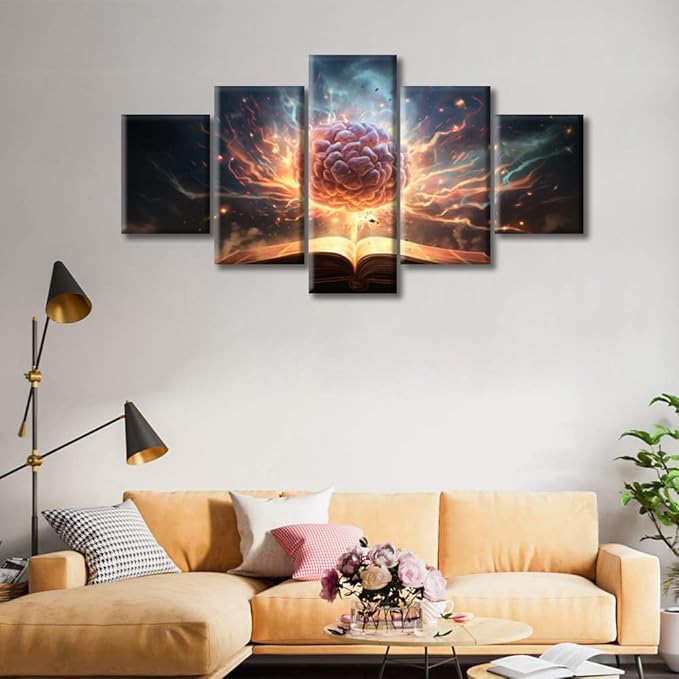 Brain Nervous System Canvas Wall Art for Bedroom Brain in Book Wall Art for Living Room Artificial Intelligence Concept Wall Art Home Decor Giclee Framed Ready to Hang (60"Wx32"H)
