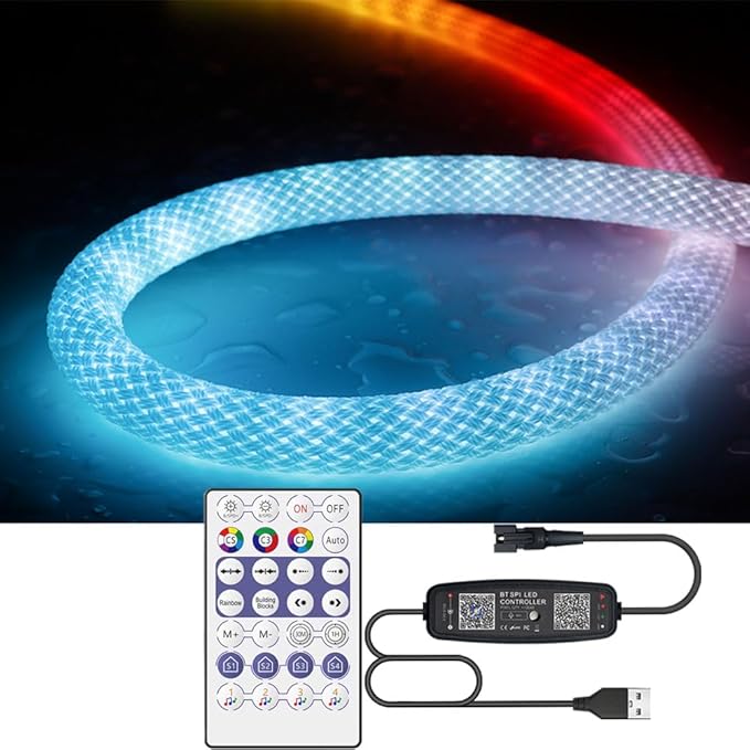 13.1FT WS2811 360 Degree Round Reticulate Neon LED Strip with Controller,RGB Nylon Flexible Dream Colorful Rope Light,Bedroom Indoor Outdoor Decoration,DC5V(No Adapter)