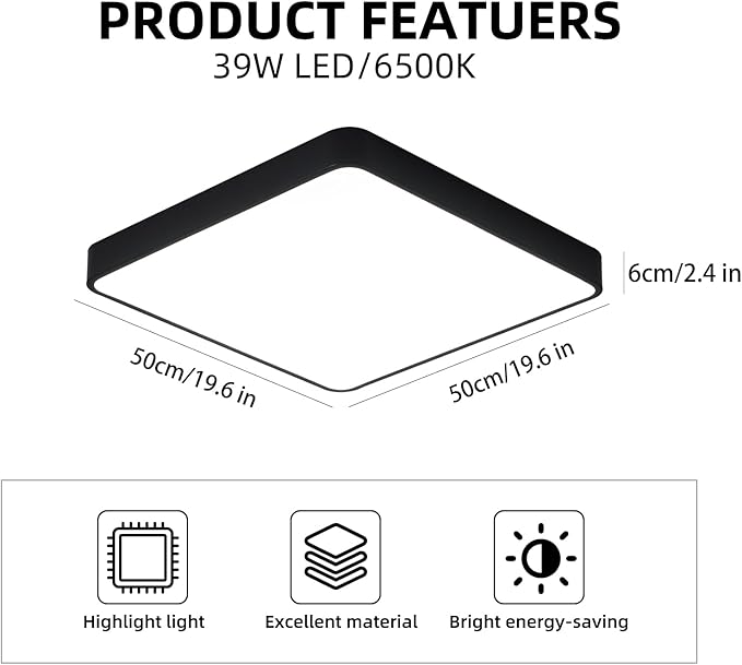 Ganeed 19.6 inch LED Ceiling Light, 39W Black LED Day White 6500K Square Flush Mount Ceiling Lamps, Energy Saving Light Fixture for Office Bedroom Kitchen Hallway Stairways