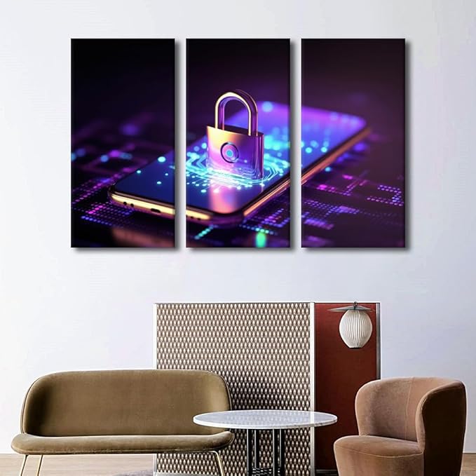 TUMOVO Contemporary Wall Decor 3 Panels Modern Wall Art Cyber Security and Data Protection Concept Pictures Print on Canvas for Home Wall Decorations Gallery-Wrapped Ready to Hang, 42" Wx28 H
