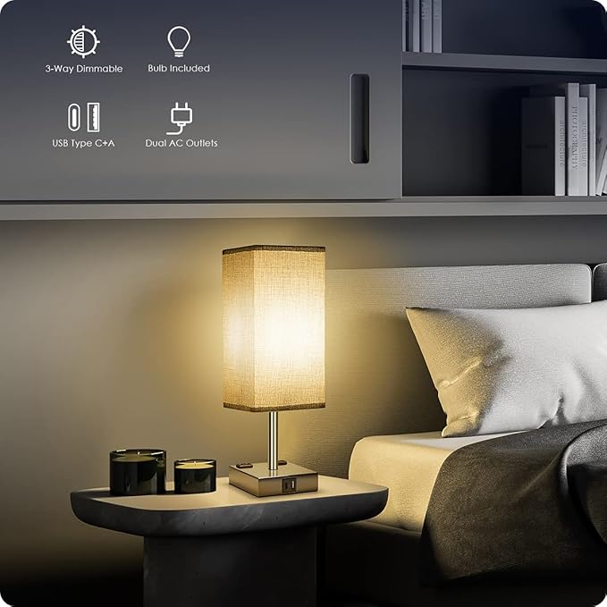 Soilsiu Bedside Lamp with USB Ports - Touch Control Table Lamp for Bedroom with USB C+A Charging Ports & AC Outlets, 3 Way Dimmable Nightstand Light for Living Room (LED Bulb Included, Chrome - Grey)