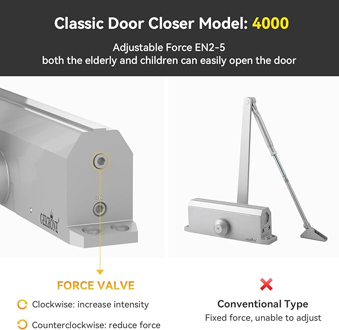 Automatic Door Closer Heavy Duty Hydraulic Aluminum Alloy Surface Mounted Home Door Closer Commerical UL 3-Hour Fire Rating ANSI Grade 1 Adjustable Speed Spring Size 2-5 Door Weight 44-330 Lbs