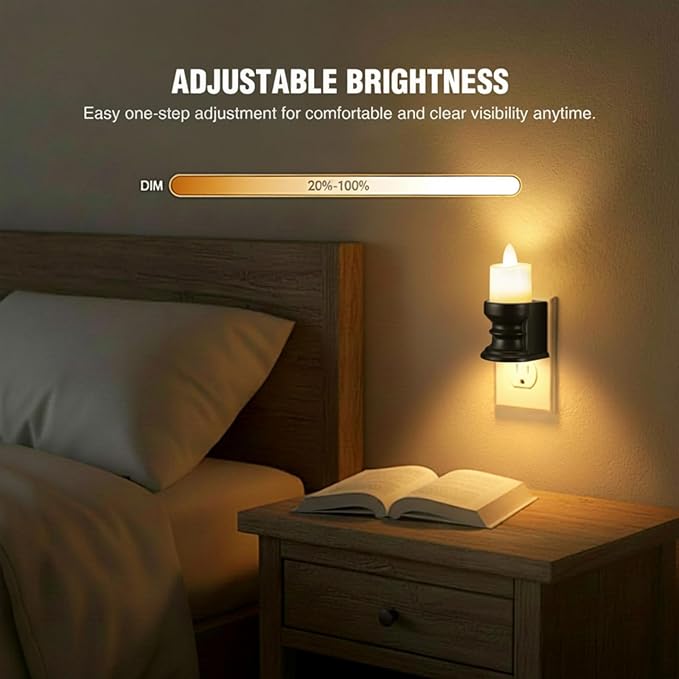 Meonum Flickering Flameless Candle Night Light Plug in, Dimmable LED Nightlight with Dusk to Dawn Sensor, Decorative Candle Light for Bedroom, Hallway, Bathroom(1 Pcs,Warm Yellow & Black Base)