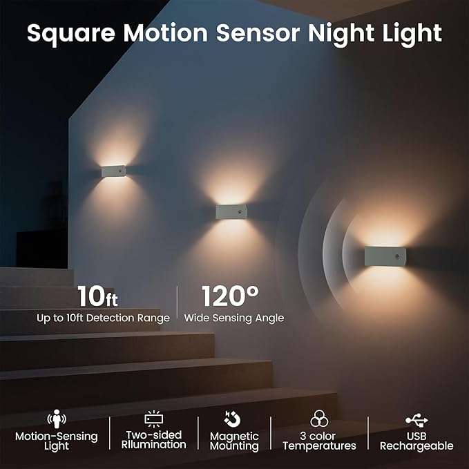 Rechargeable Battery Night Light with Motion Sensor, Cordless Battery-Powered Stick-on Magnet Toilet Lights, Soft Two-Sided Glow, 3CCT Dimmable, for Bedroom, Closet, Stairs (ABS *3pack)