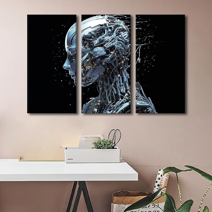 TUMOVO Wall Art for Living Room Female Robot Face Pictures Print on Canvas, Artificial Intelligence Wall Decor 3 Piece Modern Canvas Wall Decoration Giclee Artwork Giclee Ready to Hang, 60" Wx40 H
