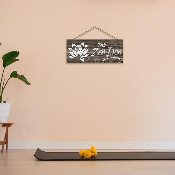 1 KINGO Farmhouse Zen Den Signs: Rustic Zen Den Yoga Studio Room Decoration Canvas Print Lotus Flower Wall Decor - Vintage Decorative Wooden Texture Wall Plaque for Home 6" x 15"