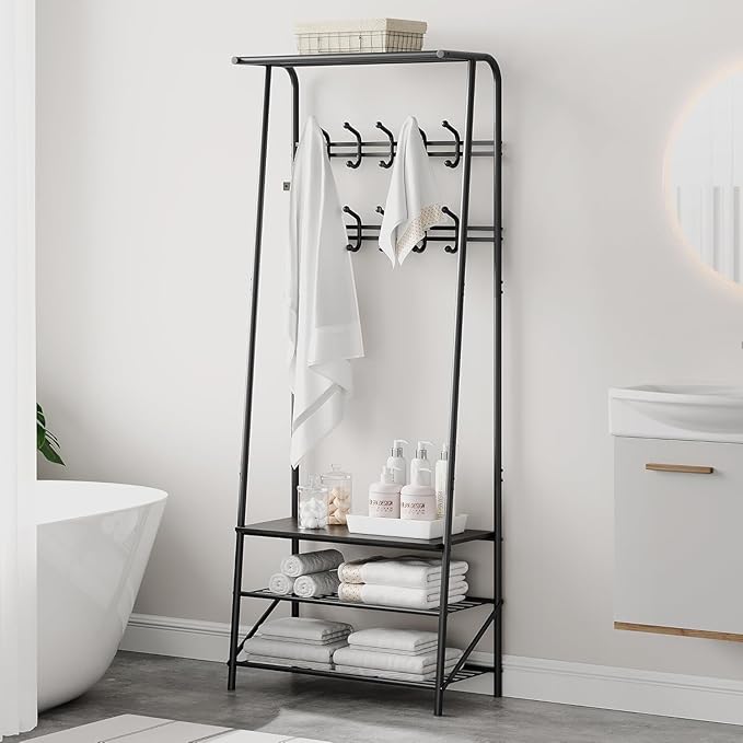 Entryway Hall Tree with Shoe Rack, Hall Tree Coat Rack with Hooks, 25” Freestanding Metal Coat Rack with Shoe Storage, Compact Entryway Organizer for Hallway and Bathroom