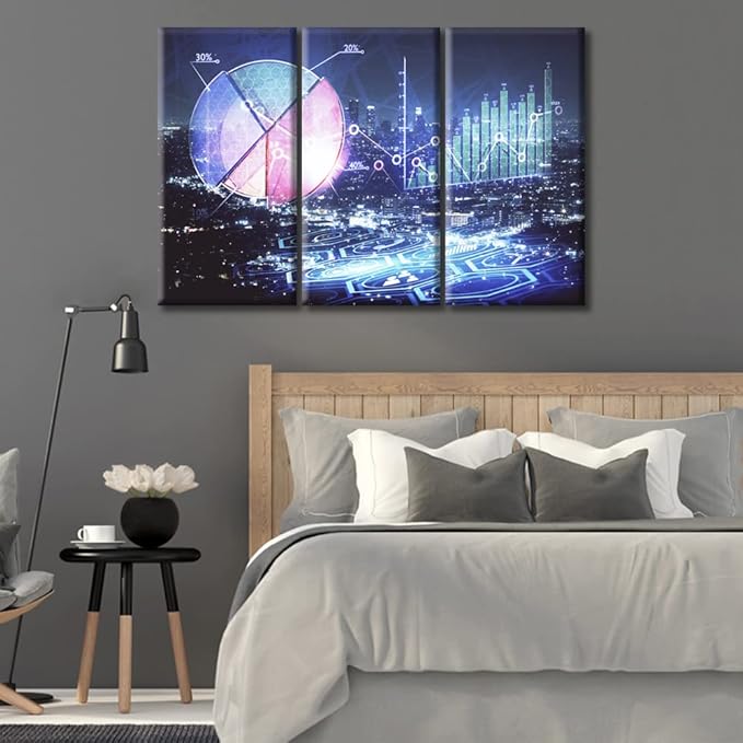 3 Panels Business and Financial Concept Wall Decor for Living Room, Bedroom, Bathroom, Office. Cityscape at Night Background Financial Graph Modern Artwork House Decor Ready to Hang (36"Wx24"H)