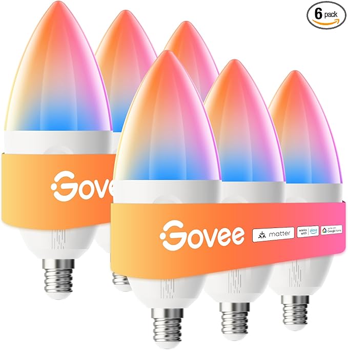 Govee E12 Led Bulb, Smart Light Bulbs Work with Matter, Alexa, Google Assistant, WiFi Candelabra Bulbs 40 Watt Equivalent, RGBWW Color Changing Light Bulb, 2.4GHz Only, 450 LM, 6 Pack