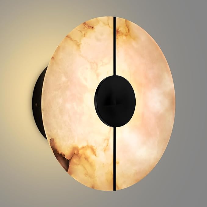 White Alabaster Wall Sconce Natural Marble Wall Sconce Vintage Gold Round Store Modern LED Wall Light Fixture Mid Century Wall Mounted Lamp for Bedroom Hallway Living Room Bathroom Kitchen