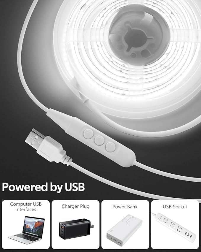 Aclorol 5V COB LED Strip Light White 6000K Dimmable LED TV Backlights 4.92FT/1.5M 480LEDs Flexible and Cuttable Tape Lights with 1.5M USB Cable for Kitchen Cupboard Mirror Staircase Counter Shelves