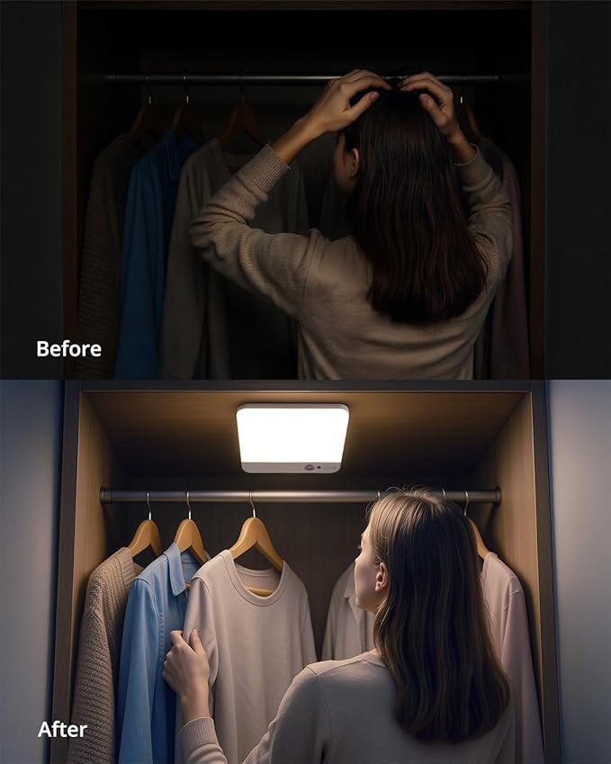 Combuh 2 Pack Square Rechargeable Ceiling Lights with Remote Operated Battery Powered, 85 Day Long Lasting Wireless Stick on Inside Waterproof Shower Lighting No Electricity Needed for Hallway Closet