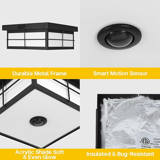 24W LED Motion Sensor Outdoor Ceiling Light, Smart Square Flush Mount Fixture, 3CCT Selectable Dusk to Dawn Porch Light for Garage, Entryway, Patio, Modern Farmhouse Black