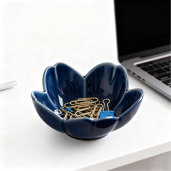 Blue Flower Ring Dish Jewelry Tray, Ceramic Jewelry Dish, Small Trinket Tray, Nightstand Bathroom Decor Ring Holder, Jewlery Plate Bowl for Christmas Friendship Birthday Gifts for Women Mom