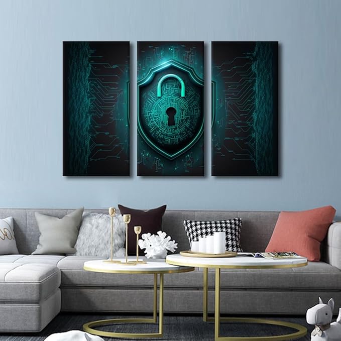 3 Panel Framed Wall Art Colorful Cybersecurity Internet Network Locker Technology for Bedroom Living Room Wall Decoratio, Giclee Artwork Gallery-Wrapped Ready to Hang, 36" Wx24 H