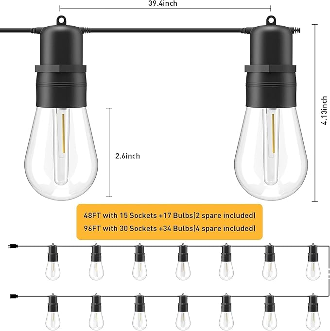 walsport 96FT LED Outdoor String Lights with S14 Shatterproof Plastic Bulbs (30+4 Spare) – ETL Listed IP65 Waterproof Heavy-Duty Patio Lights for Backyard, Bistro, Cafe Outdoor Lighting