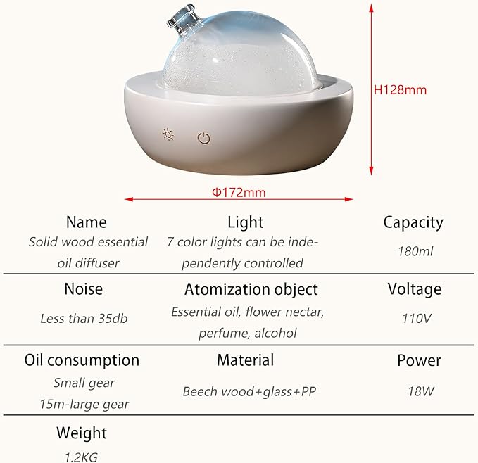 Glass Essential Oil Diffuser with Real Wood Base, 180ml Aromatherapy Diffuser with 2 Mist Modes, 7 Colors LED Light Ultrasonic Cool Mist Humidifier for Home and Office