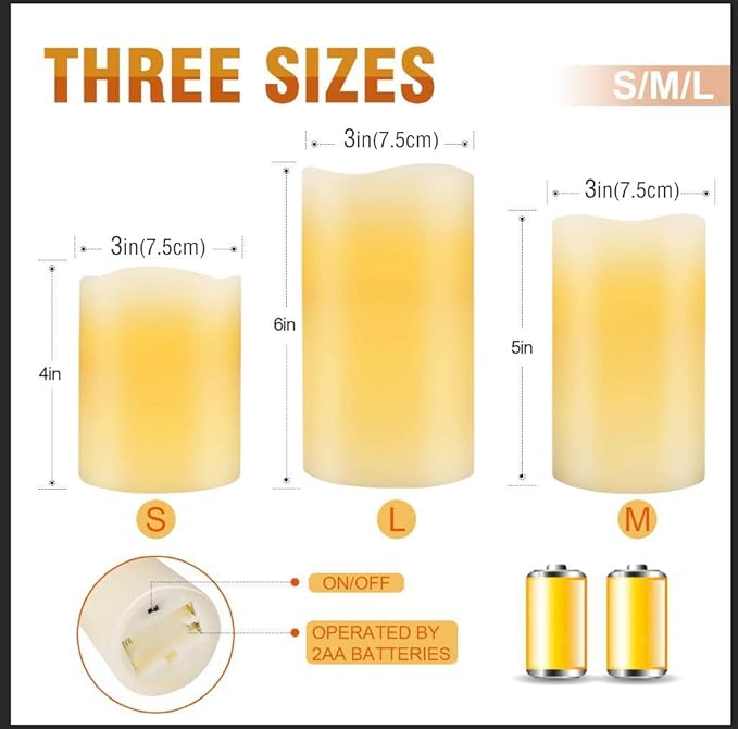 Flameless Flickering LED Battery Candles :Set of 3 Ivory Real Wax Pillar Operated Fake Faux Lights with Remote Control and Timer Function Flicker Candle for Decoration Christmas Votive Garden Outdoor