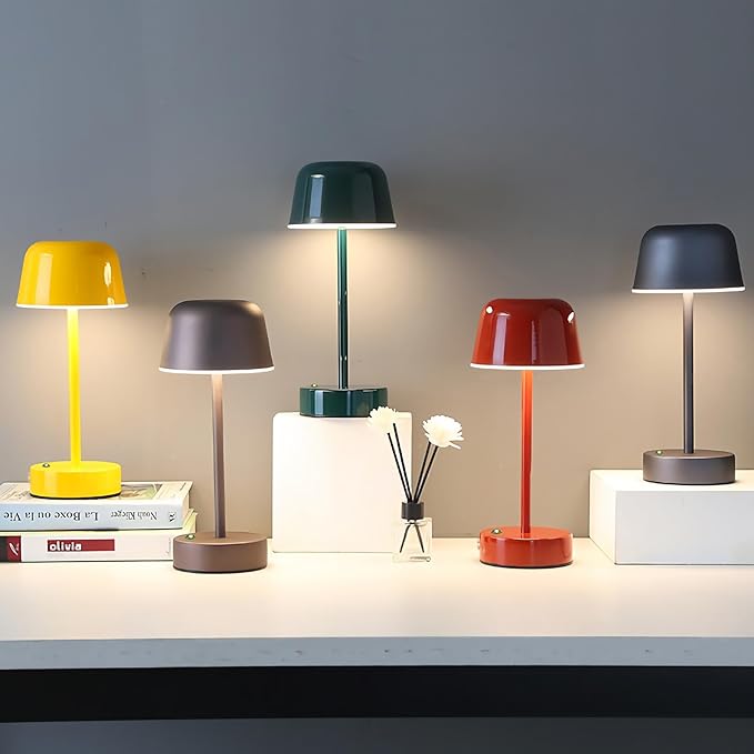 Rechargeable Cordless Mushroom Small Table Lamp with USB Port, Battery Powered Table Lamp Red, Tri Color Dimmable Touch Lamps for Nightstand, Bedroom, Dining Table, Bedside