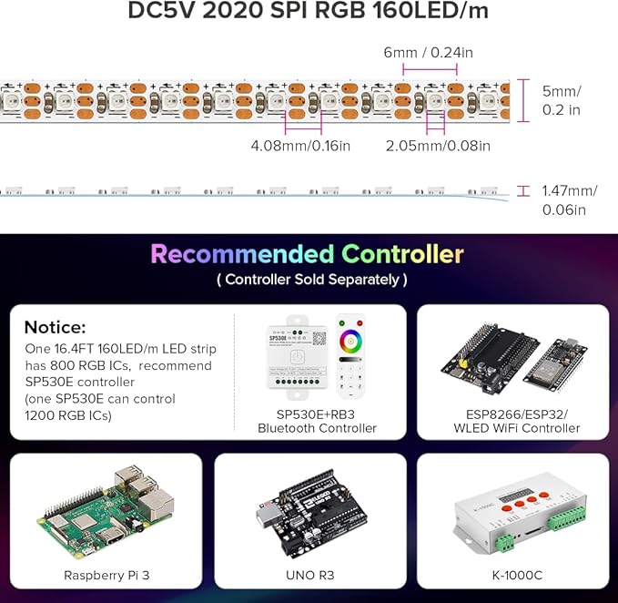 BTF-LIGHTING WS2812B IC RGB 5mm Ultra Narrow LED Strip 2020SMD DC5V Individually Addressable 16.4FT 160Pixels/m 800LED Dream Color Tape Light for Home DIY Decoration IP30 (No Adapter or Controller)