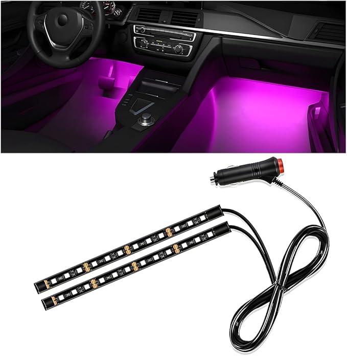 Car Interior LED Strip Light, 12V 24 LED Neon Ambient Night Light with Cigarette Lighter Plug, Automotive Atmosphere Decorative Under Dash Lighting Kit, Car Accessories (Pink Purple)
